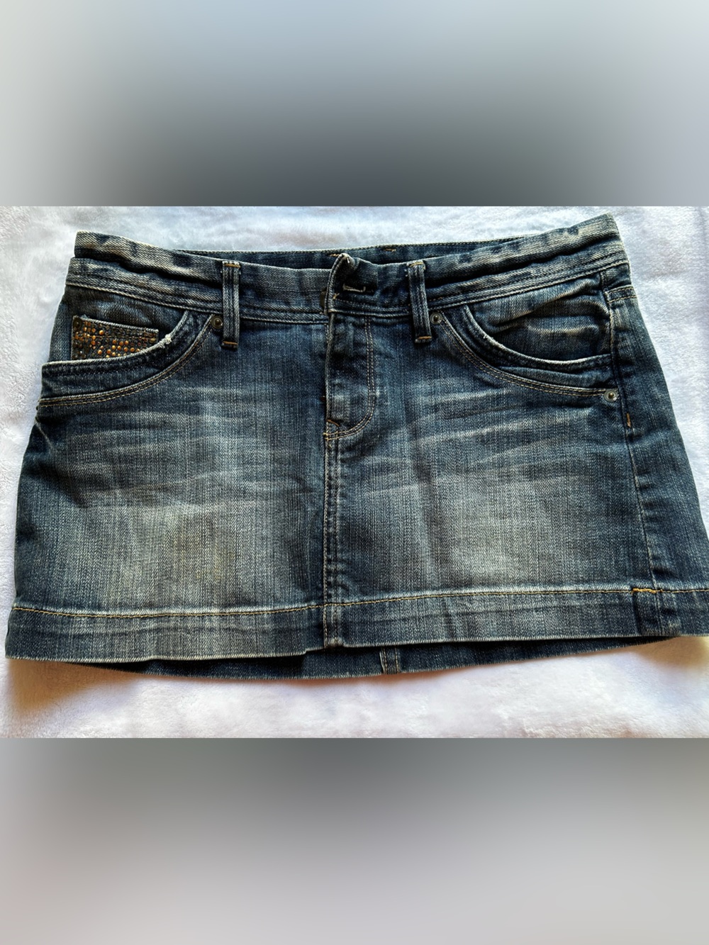Express Washed Blue Denim Mini Skirt with Studded Pocket